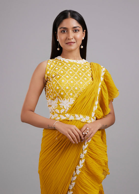 Mohey Women Sun-Kissed Yellow Georgette Pre Draped Saree