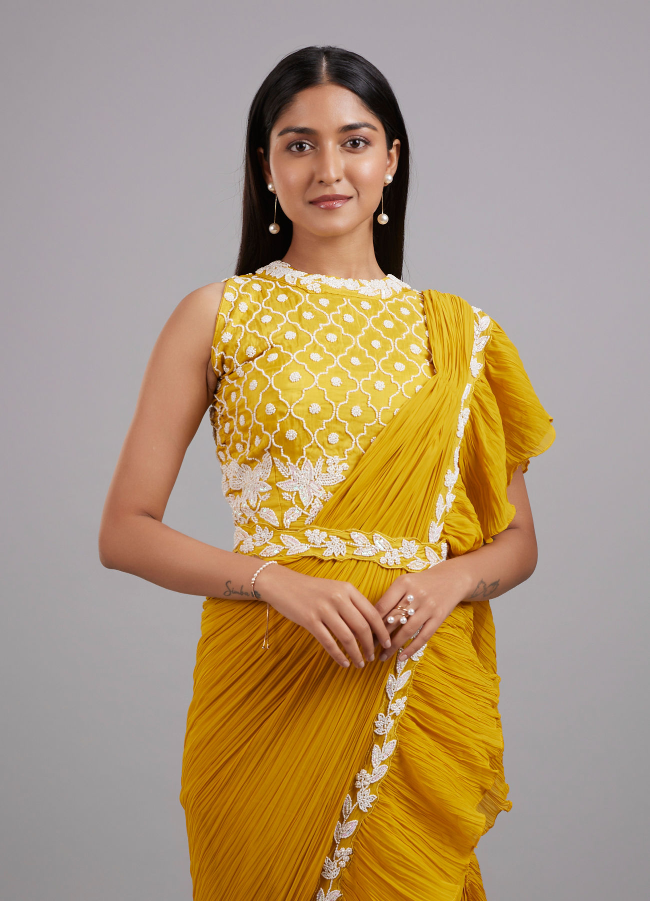 Mohey Women Sun-Kissed Yellow Georgette Pre Draped Saree