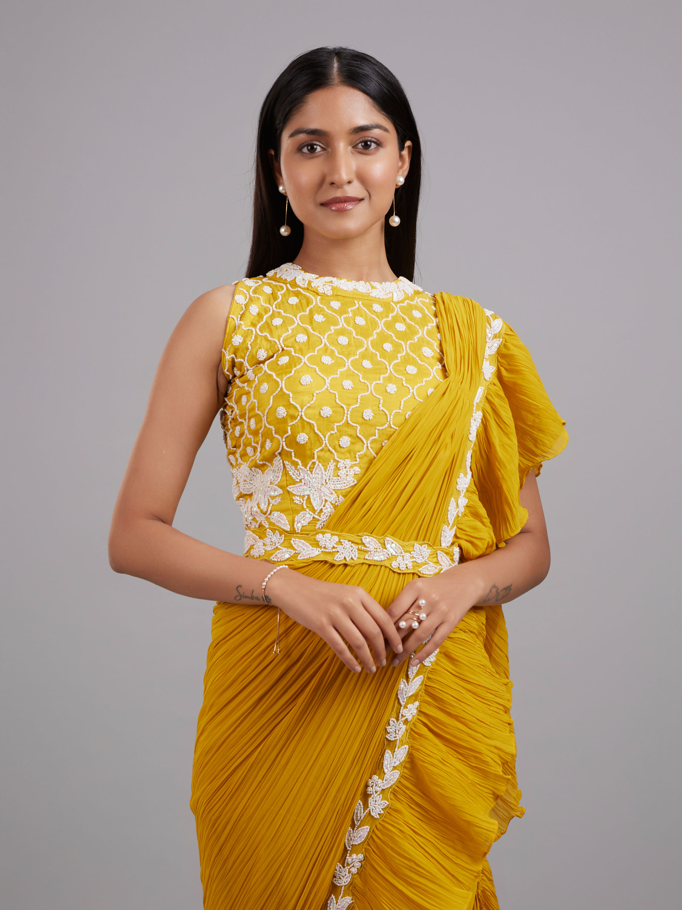 Mohey Women Sun-Kissed Yellow Georgette Pre Draped Saree