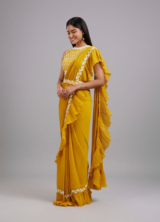 Mohey Women Sun-Kissed Yellow Georgette Pre Draped Saree