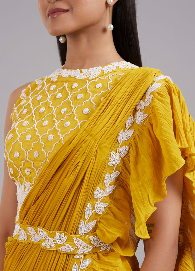 Mohey Women Sun-Kissed Yellow Georgette Pre Draped Saree