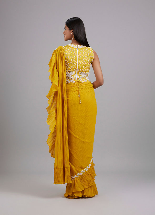 Mohey Women Sun-Kissed Yellow Georgette Pre Draped Saree