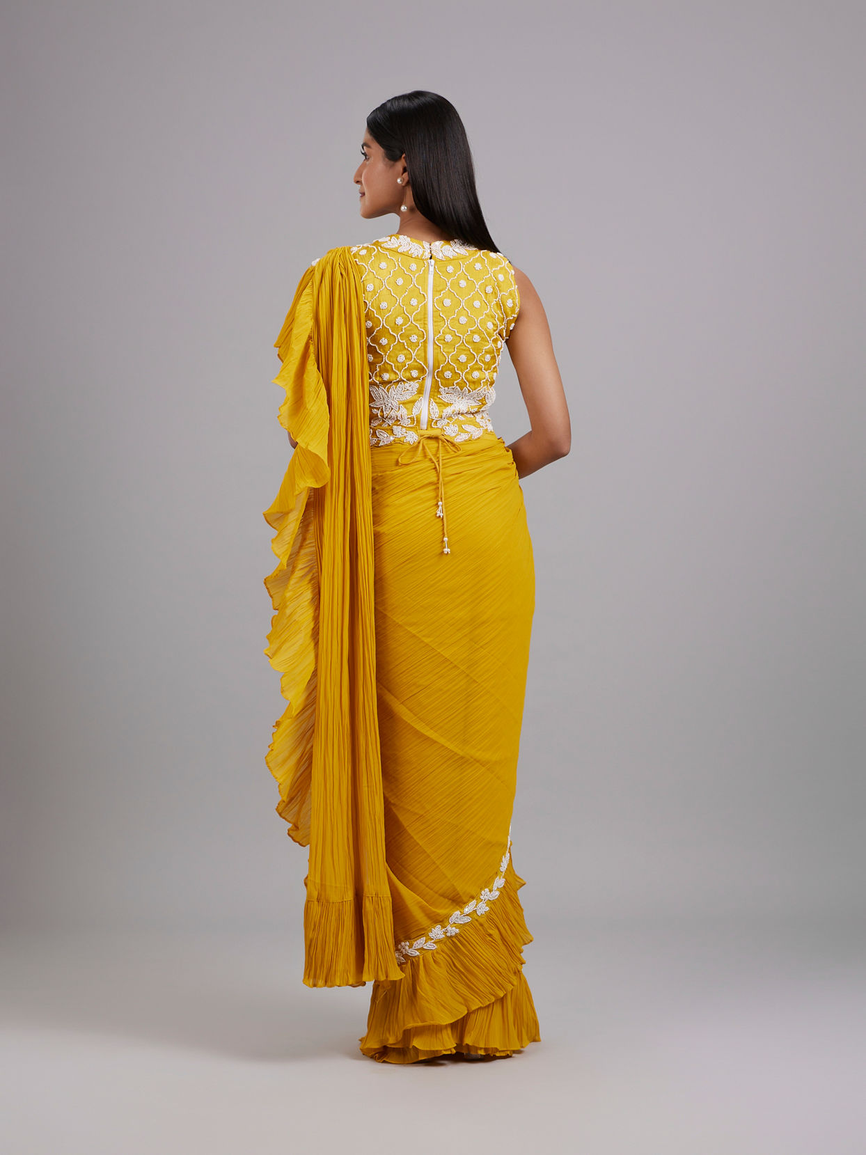 Mohey Women Sun-Kissed Yellow Georgette Pre Draped Saree