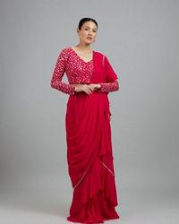 Mohey Women Rani Pink Georgette Pre Draped Saree
