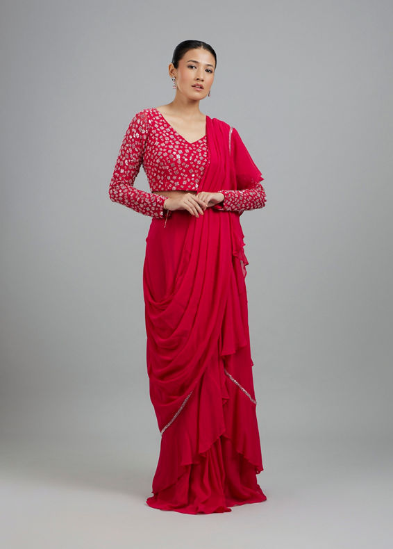 Mohey Women Rani Pink Georgette Pre Draped Saree