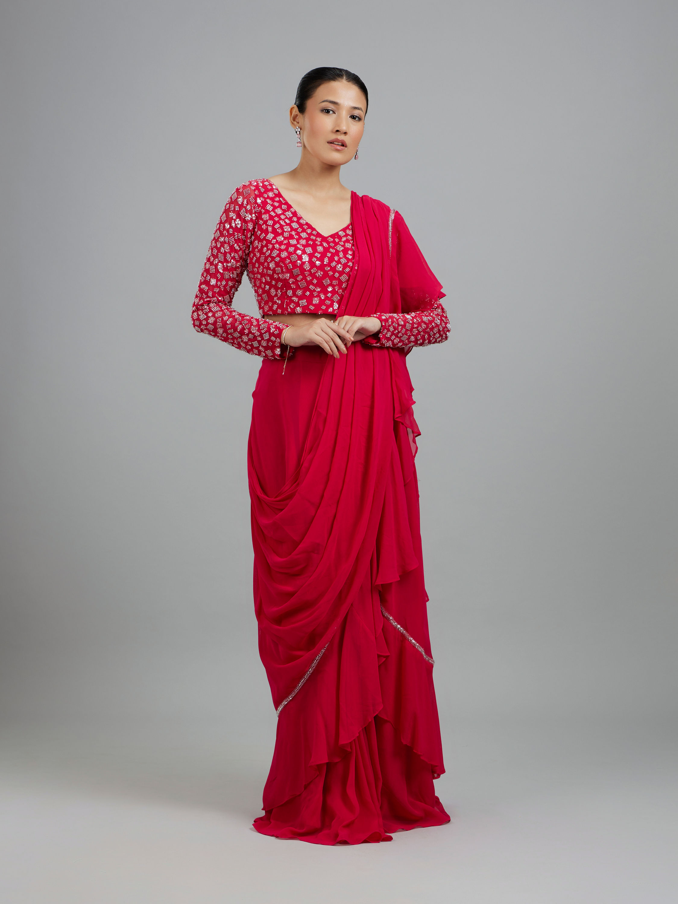Mohey Women Rani Pink Georgette Pre Draped Saree