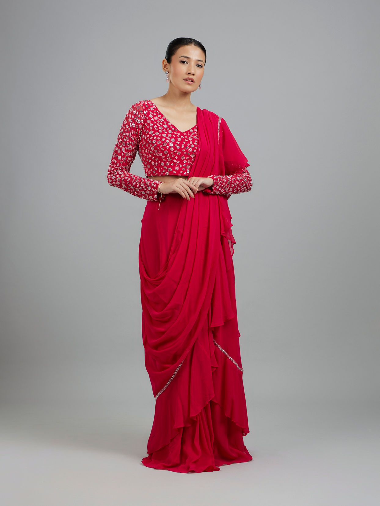 Mohey Women Rani Pink Georgette Pre Draped Saree