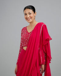 Mohey Women Rani Pink Georgette Pre Draped Saree