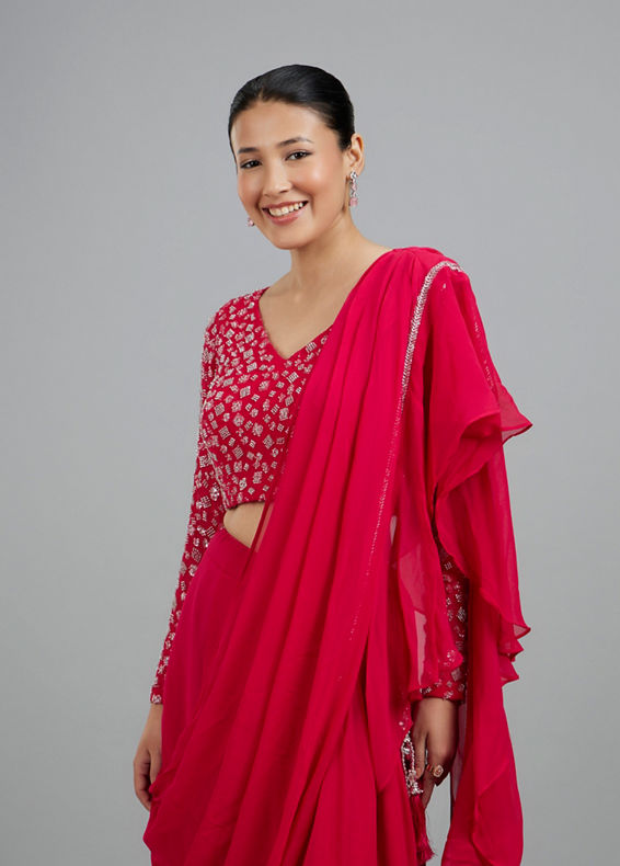 Mohey Women Rani Pink Georgette Pre Draped Saree