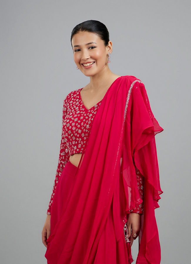 Mohey Women Rani Pink Georgette Pre Draped Saree