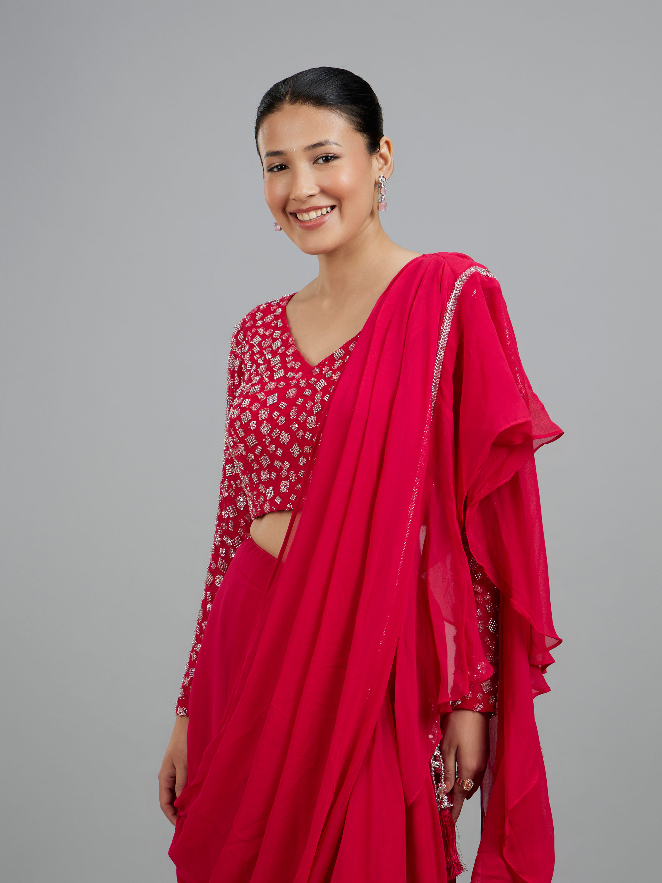 Mohey Women Rani Pink Georgette Pre Draped Saree