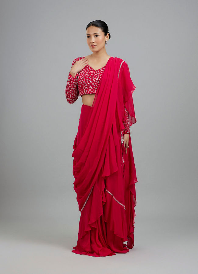Mohey Women Rani Pink Georgette Pre Draped Saree