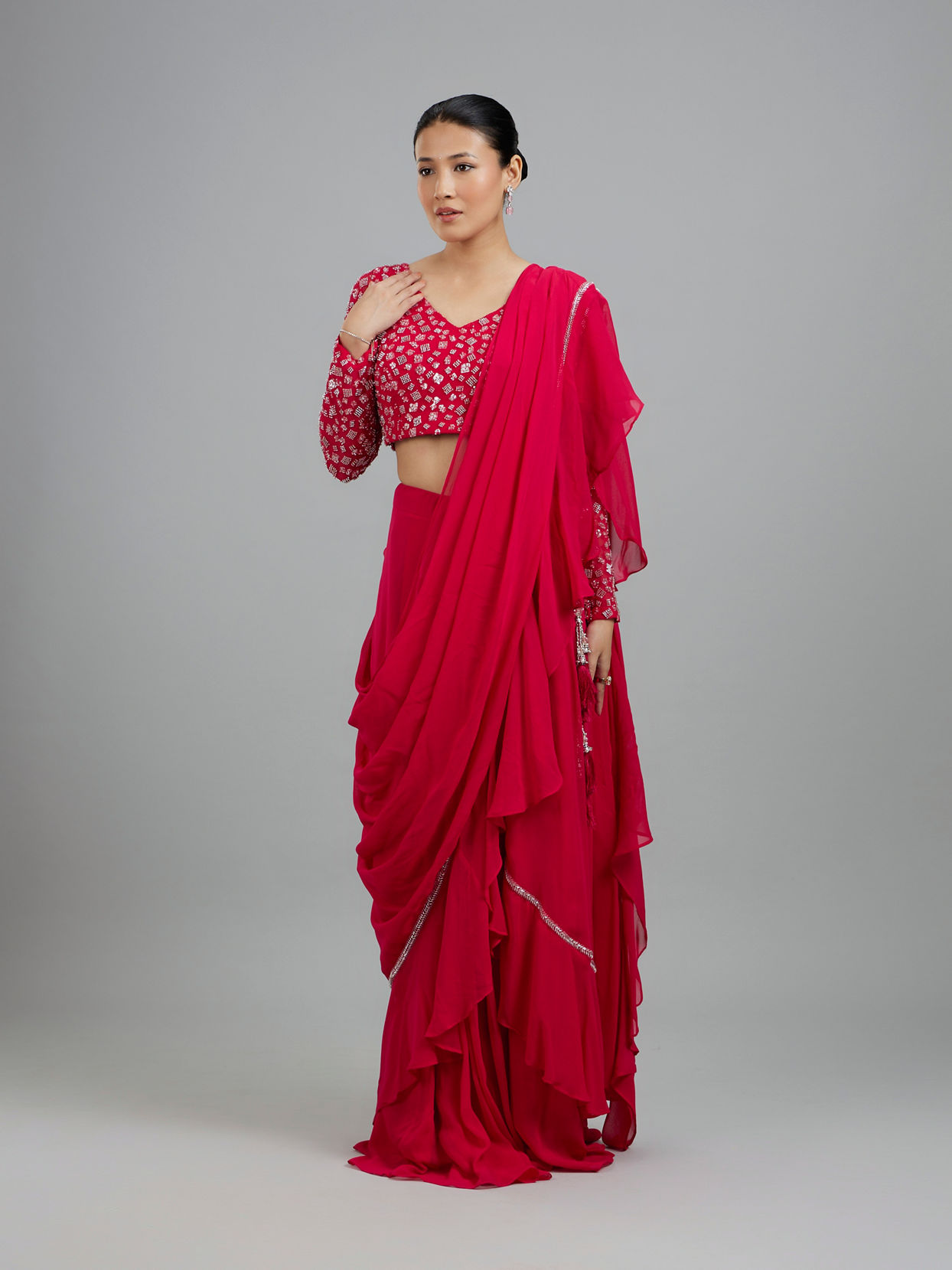 Mohey Women Rani Pink Georgette Pre Draped Saree