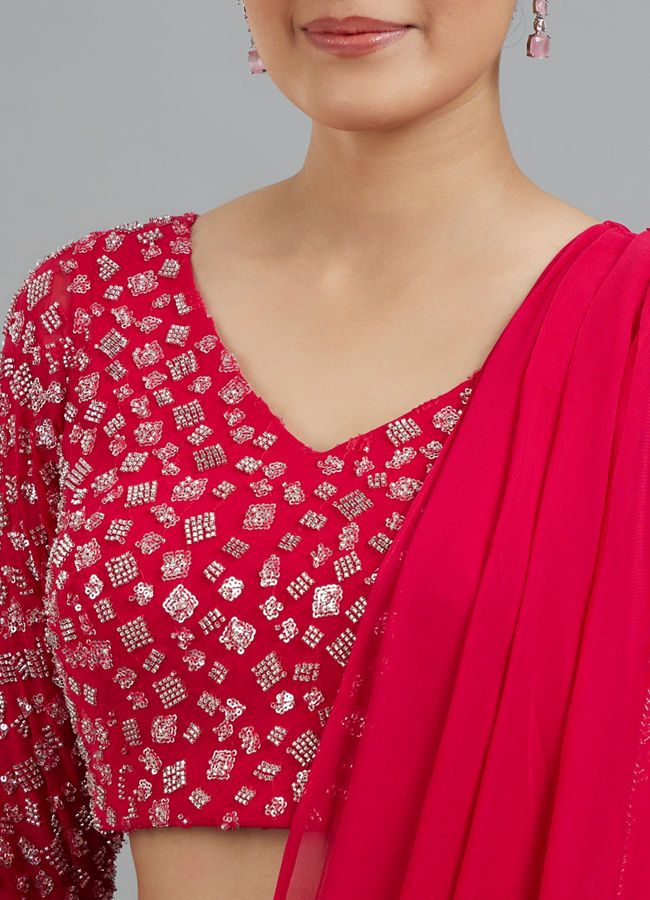 Mohey Women Rani Pink Georgette Pre Draped Saree
