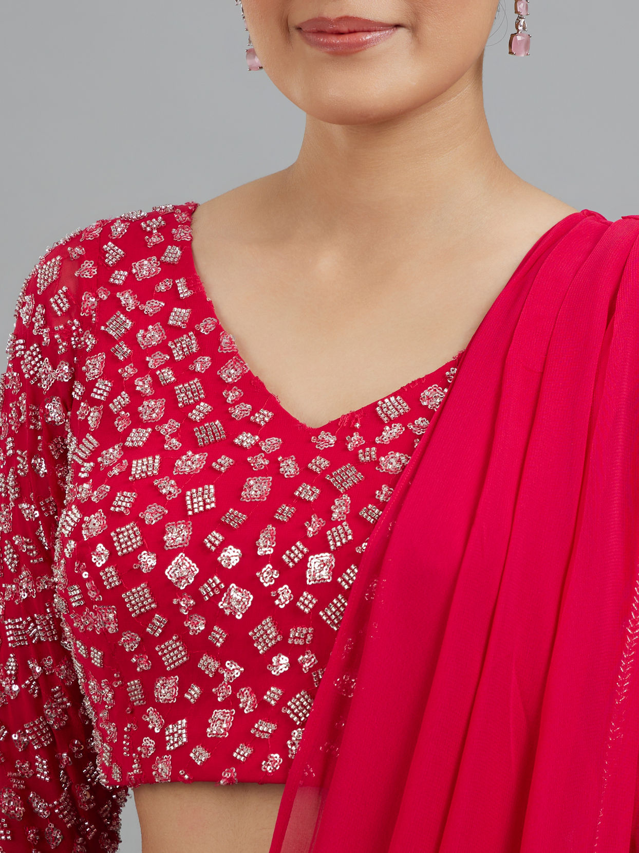 Mohey Women Rani Pink Georgette Pre Draped Saree