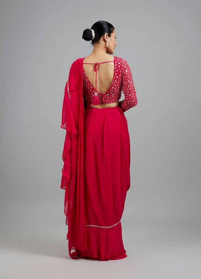 Mohey Women Rani Pink Georgette Pre Draped Saree