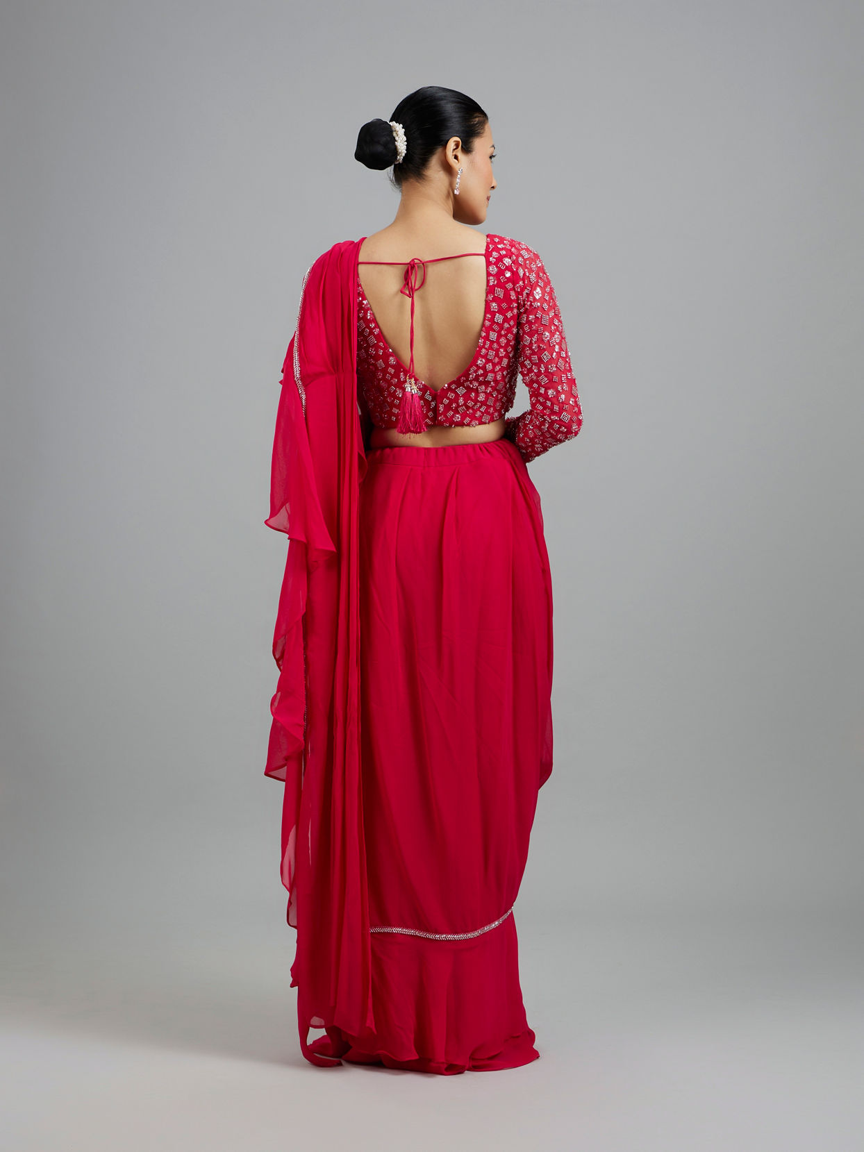Mohey Women Rani Pink Georgette Pre Draped Saree