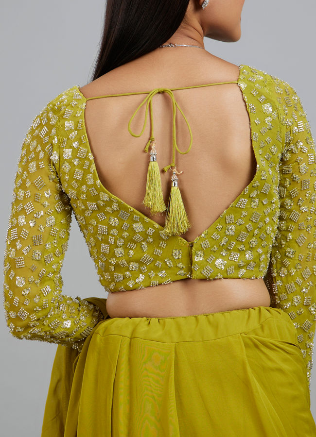 Mohey Women Radiant Green Georgette Pre Draped Saree