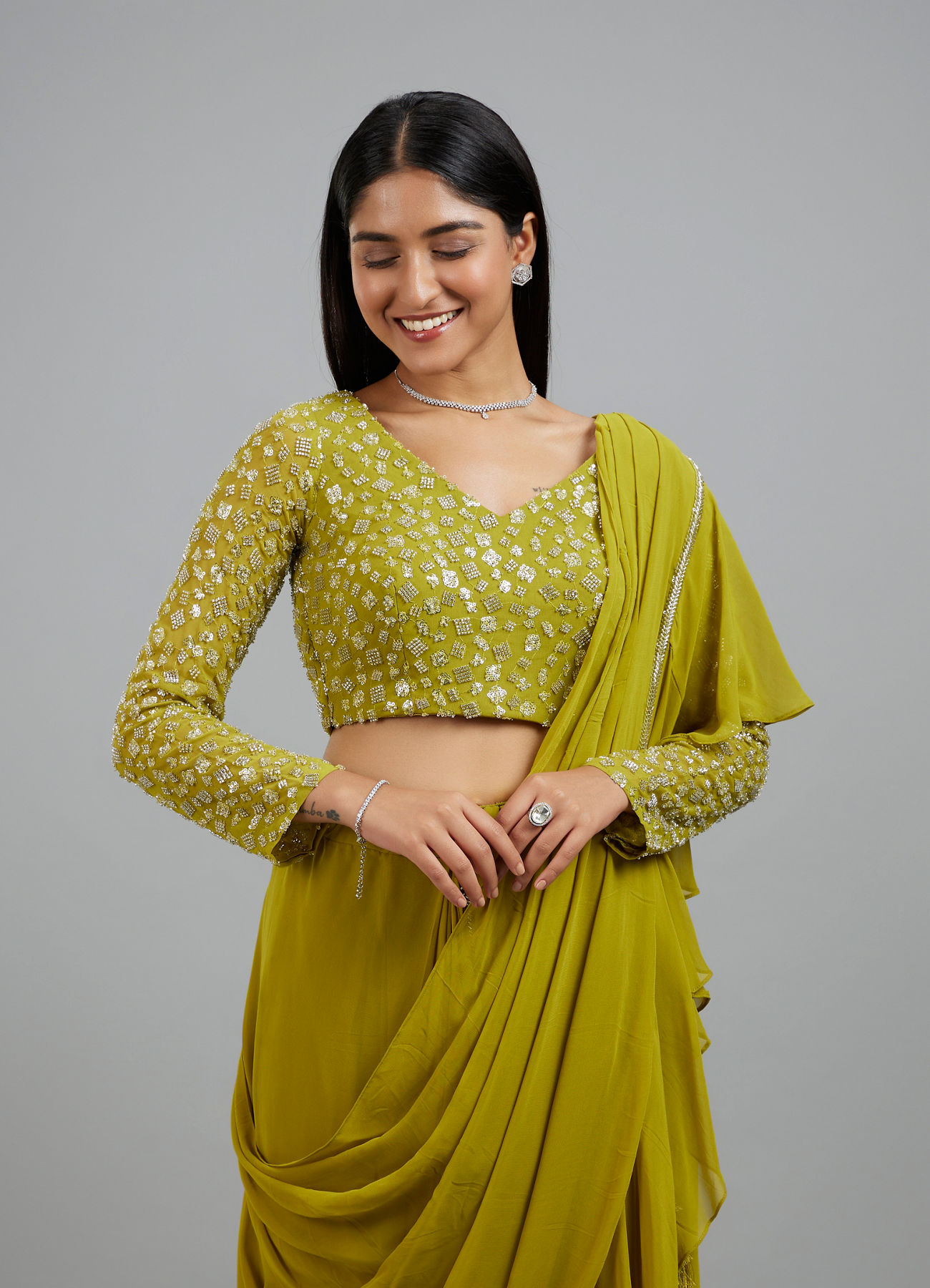 Mohey Women Radiant Green Georgette Pre Draped Saree