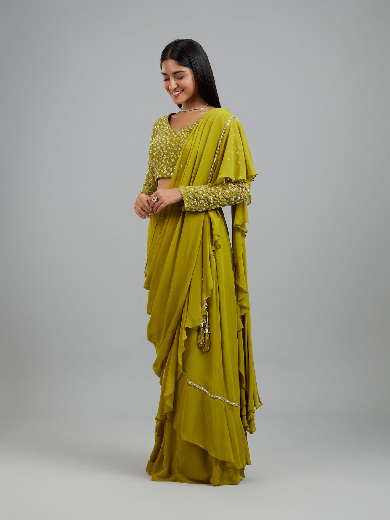 Mohey Women Radiant Green Georgette Pre Draped Saree