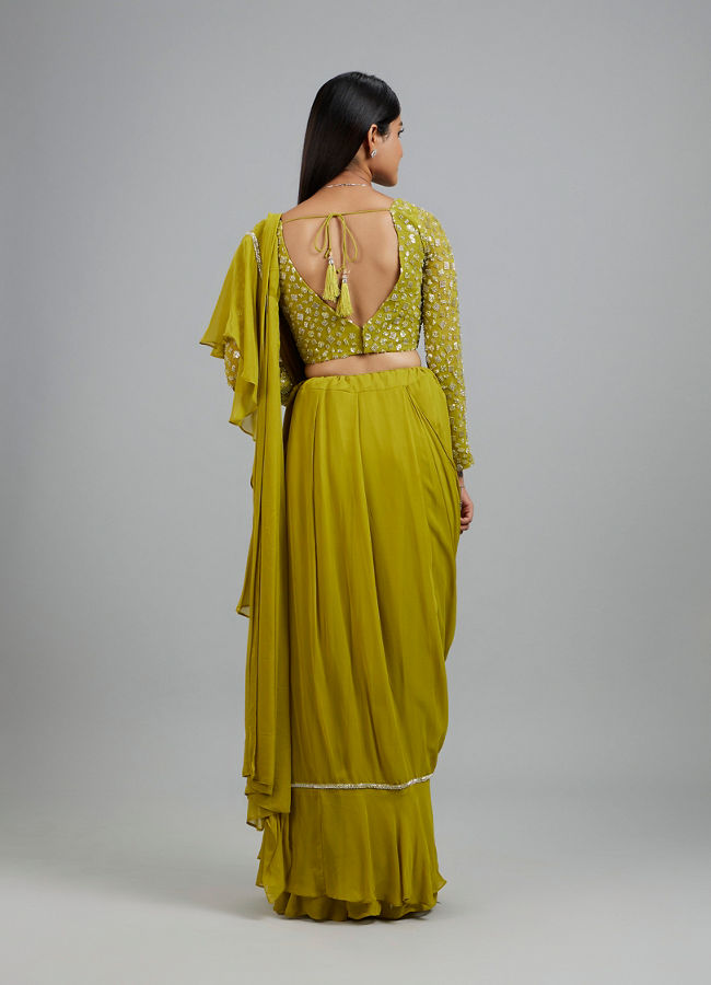 Mohey Women Radiant Green Georgette Pre Draped Saree