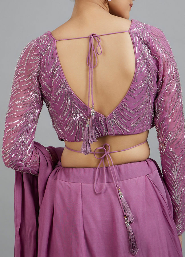 Mohey Women Purple Elegant Georgette Pre Draped Saree
