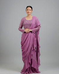 Mohey Women Purple Elegant Georgette Pre Draped Saree