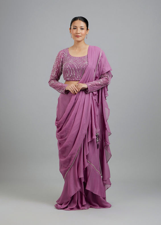 Mohey Women Purple Elegant Georgette Pre Draped Saree