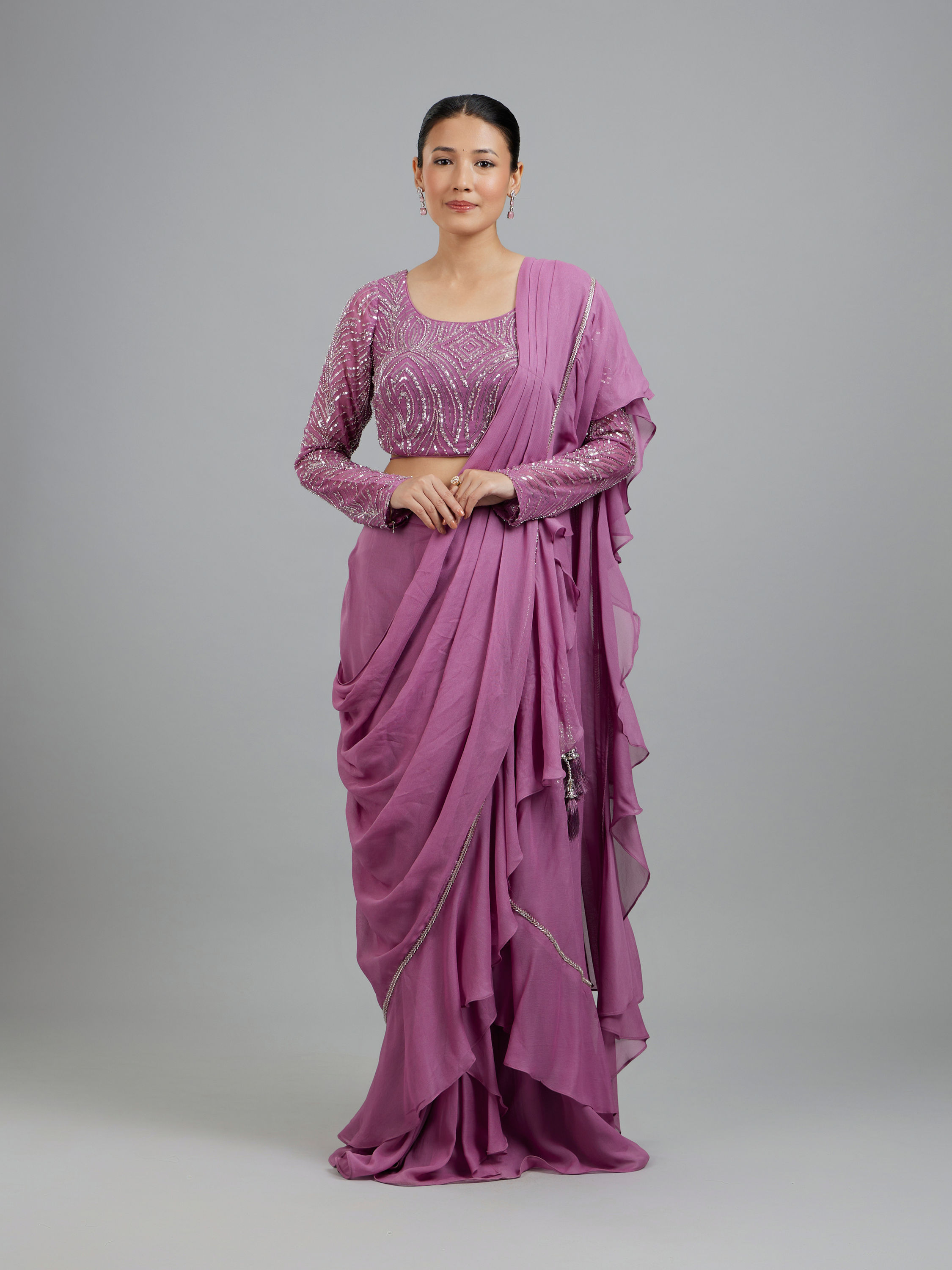 Mohey Women Purple Elegant Georgette Pre Draped Saree