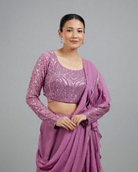 Mohey Women Purple Elegant Georgette Pre Draped Saree