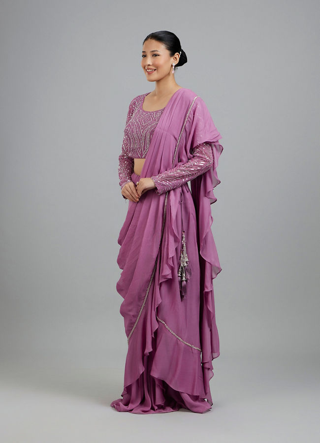 Mohey Women Purple Elegant Georgette Pre Draped Saree