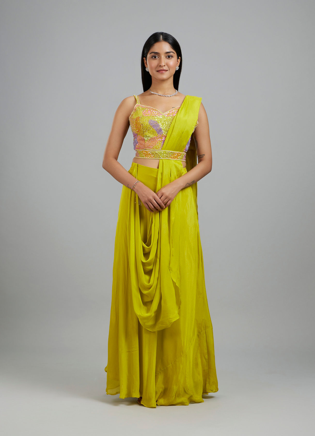 Mohey Women Emerald Elegance Georgette Pre Draped Saree