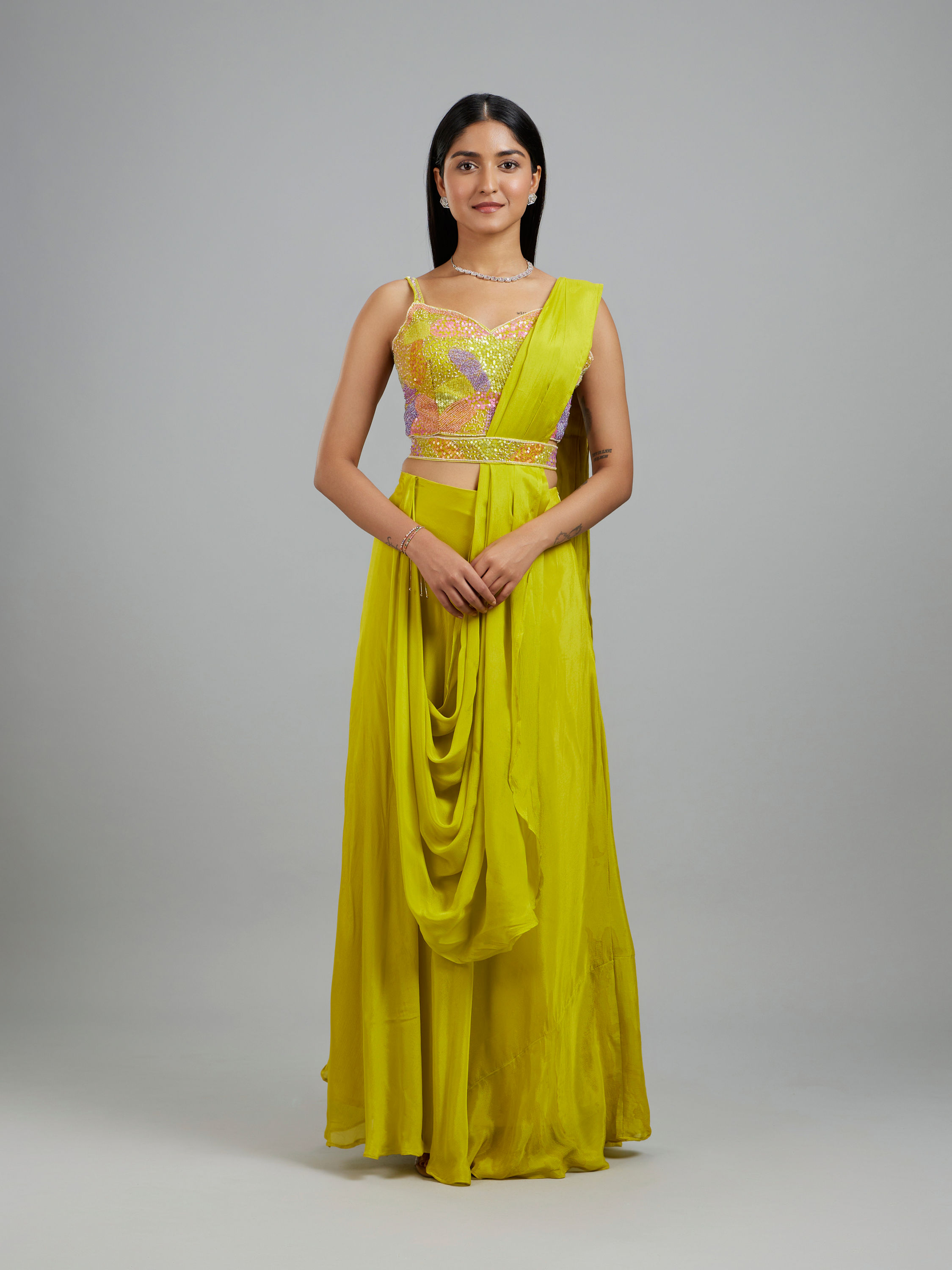 Mohey Women Emerald Elegance Georgette Pre Draped Saree