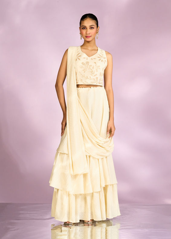 Mohey Women Elegant Cream Chinon Indo Western