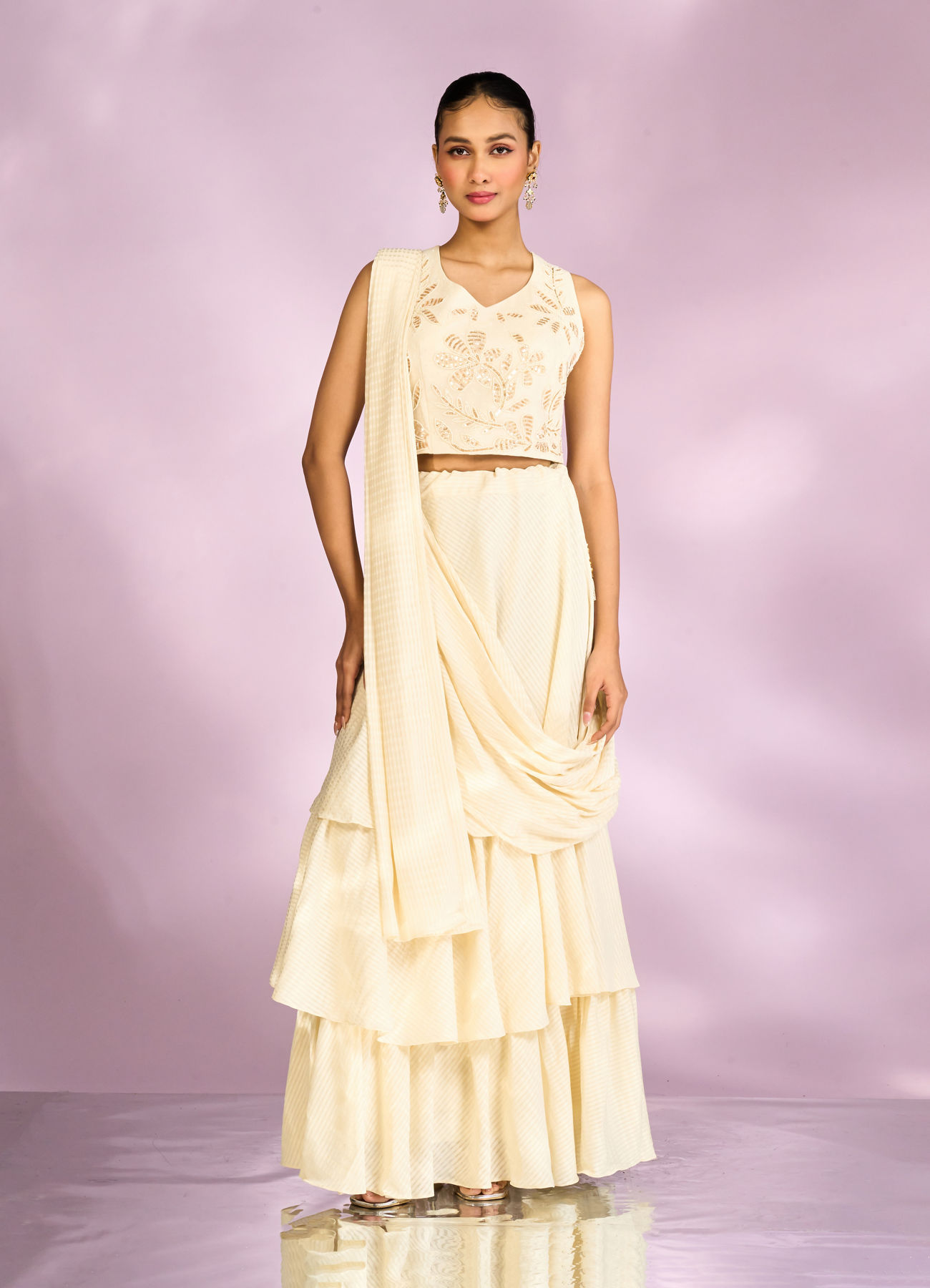 Mohey Women Elegant Cream Chinon Indo Western