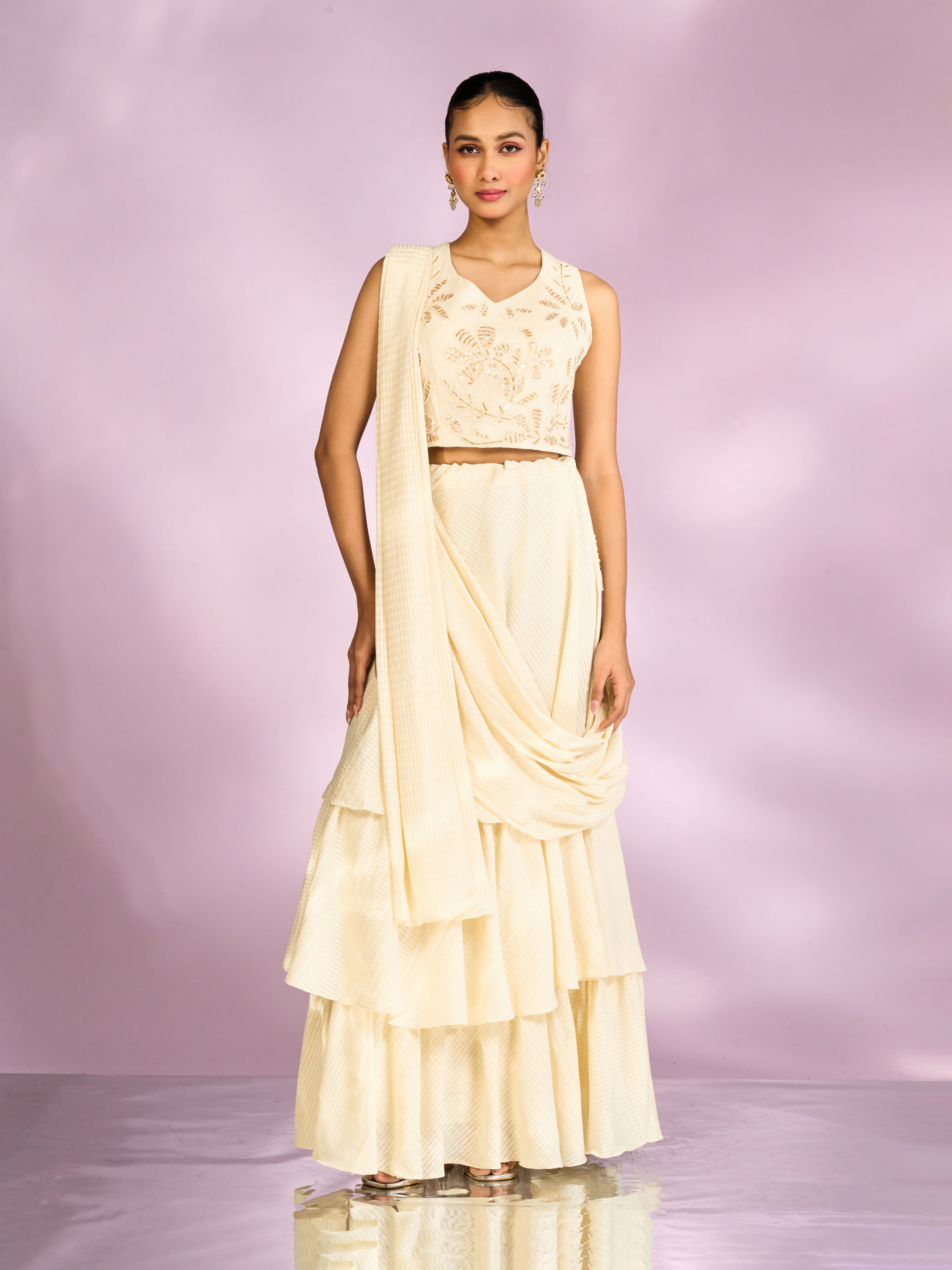 Mohey Women Elegant Cream Chinon Indo Western