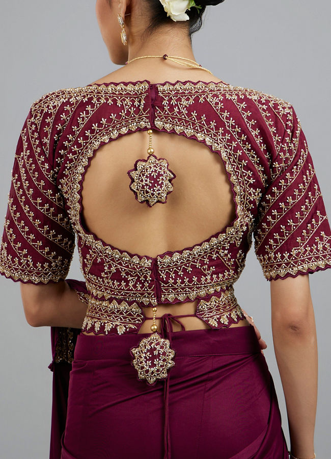 Mohey Women Wine Colored Chinon Pre Draped Saree