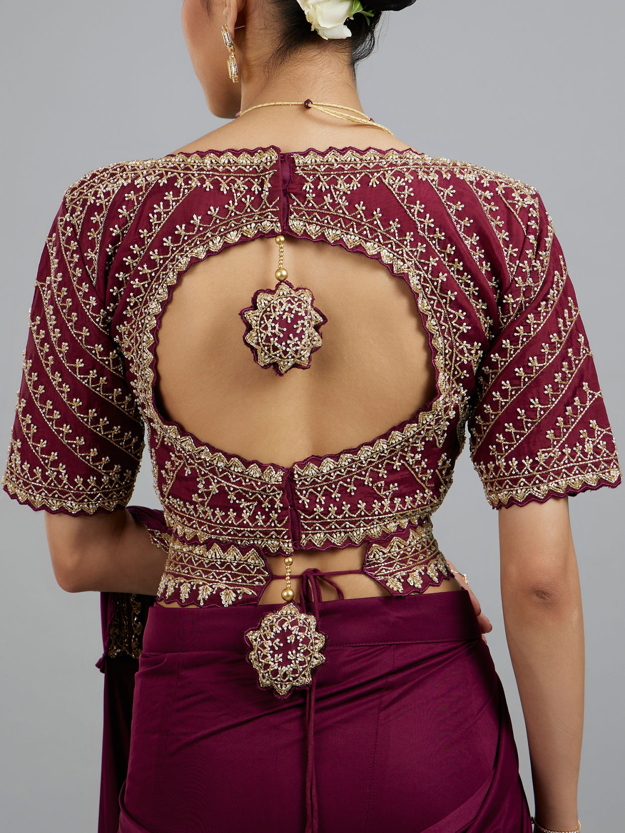 Mohey Women Wine Colored Chinon Pre Draped Saree