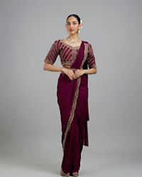 Mohey Women Wine Colored Chinon Pre Draped Saree