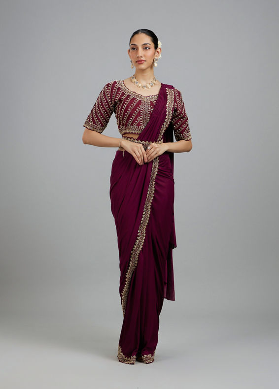 Mohey Women Wine Colored Chinon Pre Draped Saree