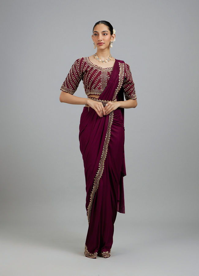 Mohey Women Wine Colored Chinon Pre Draped Saree