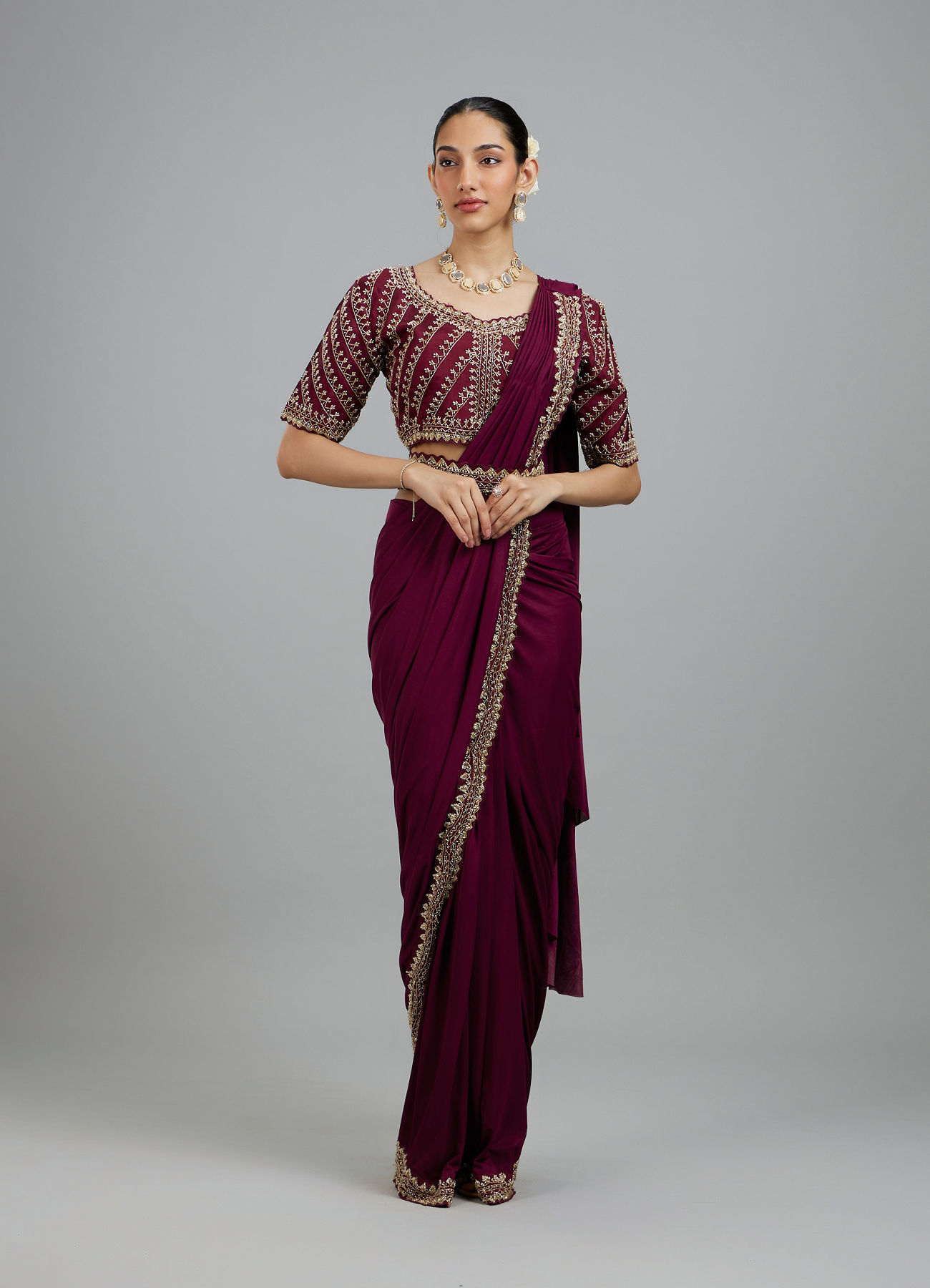 Mohey Women Wine Colored Chinon Pre Draped Saree