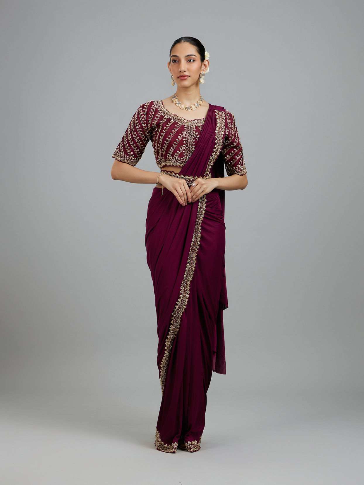 Mohey Women Wine Colored Chinon Pre Draped Saree