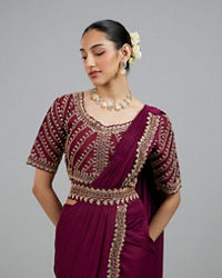 Mohey Women Wine Colored Chinon Pre Draped Saree