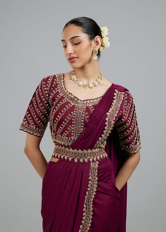 Mohey Women Wine Colored Chinon Pre Draped Saree