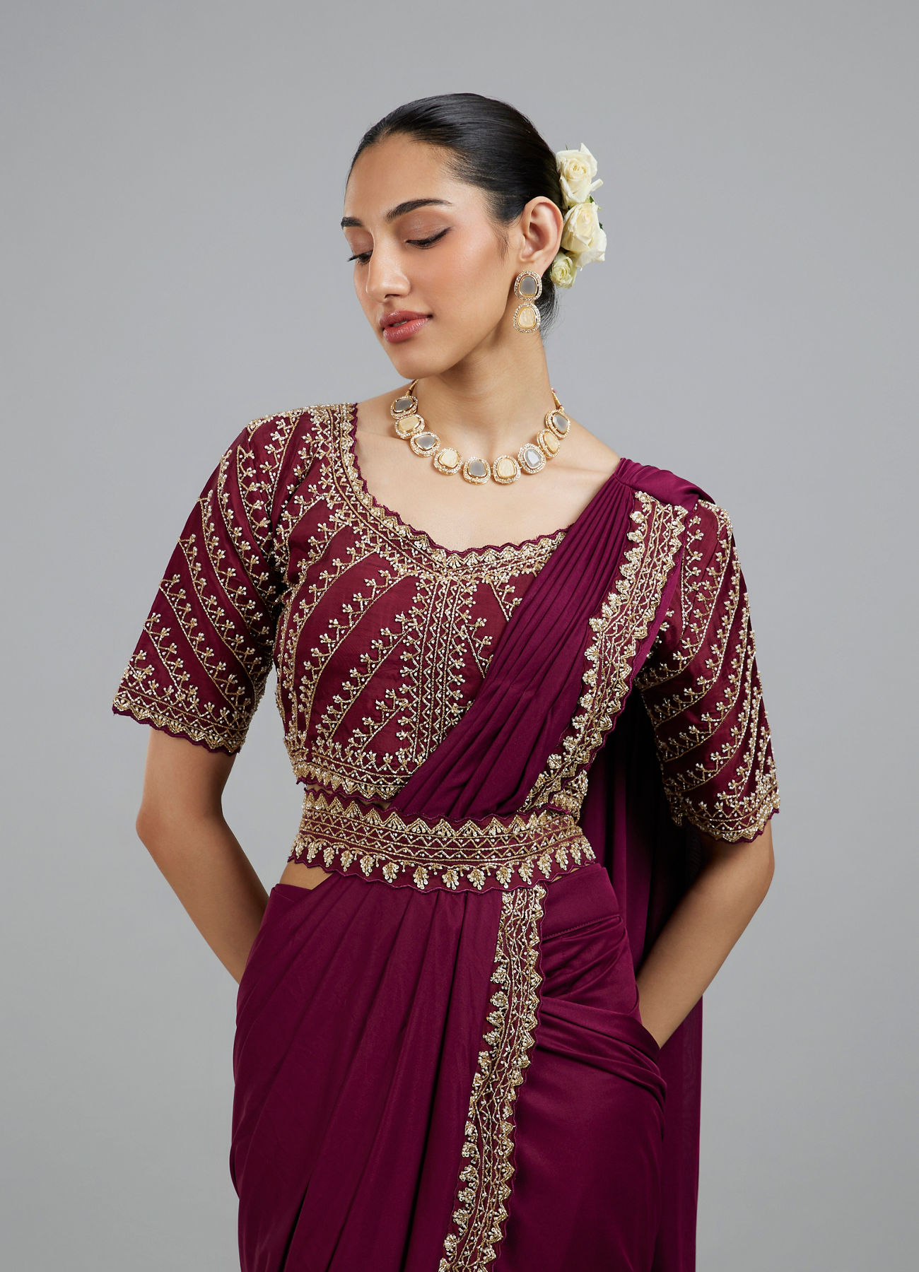 Mohey Women Wine Colored Chinon Pre Draped Saree