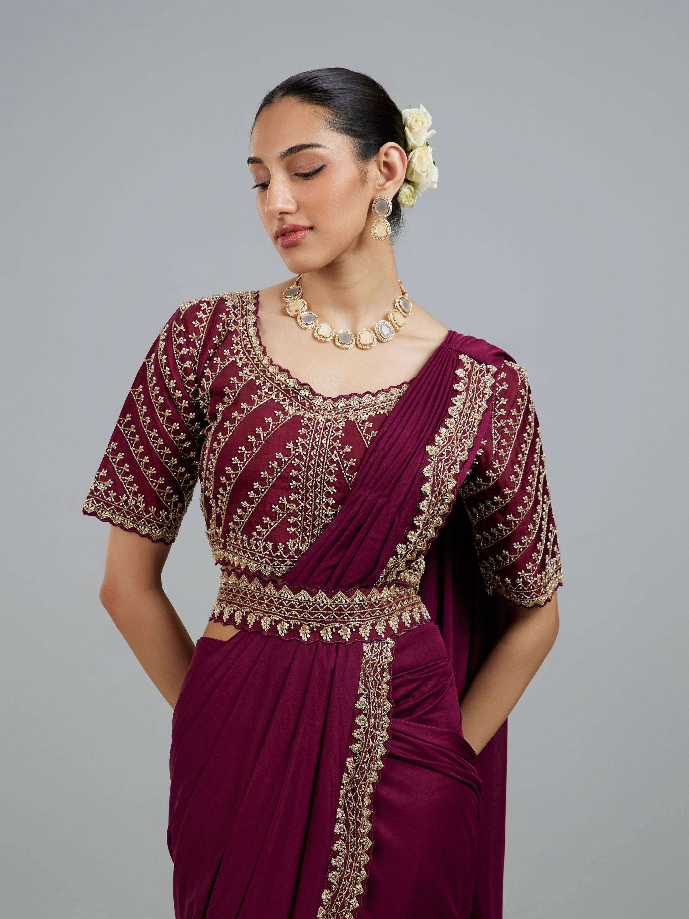 Mohey Women Wine Colored Chinon Pre Draped Saree
