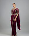 Mohey Women Wine Colored Chinon Pre Draped Saree