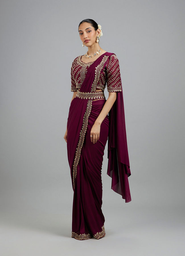 Mohey Women Wine Colored Chinon Pre Draped Saree