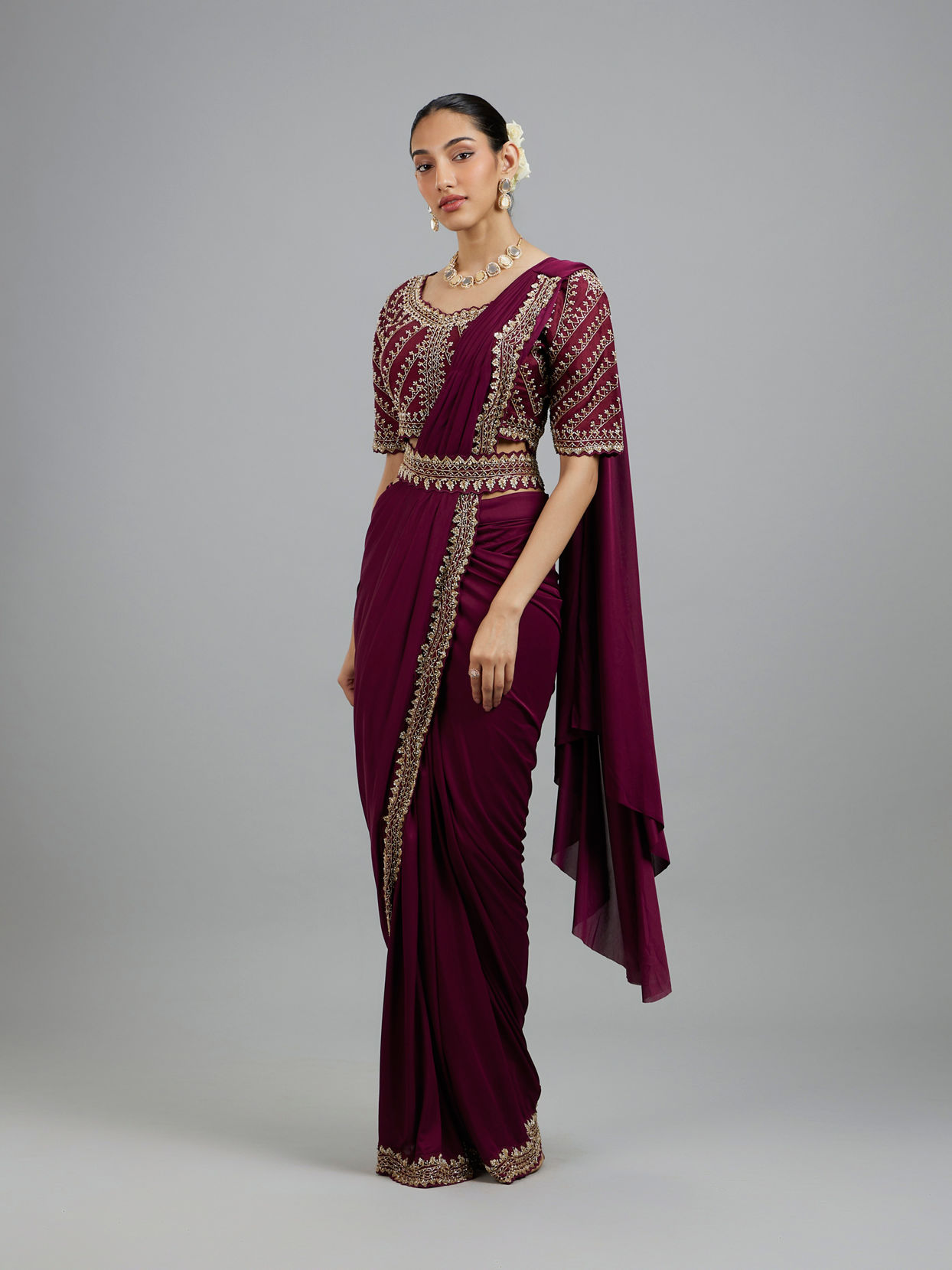 Mohey Women Wine Colored Chinon Pre Draped Saree